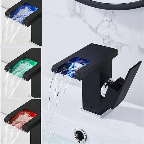 Robinet de salle de bain moderne à effet cascade, noir, avec éclairage LED, durable et réglable pour l'eau chaude et froide. (1/5)