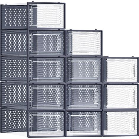 Boîtes à Chaussures, Rangement Chaussures en Plastique, Pliables et Empilables, pour Pointure Jusqu’à 43, Lot de 12, Transparent et Bleu Charbon LSP066Q12 (1/5)