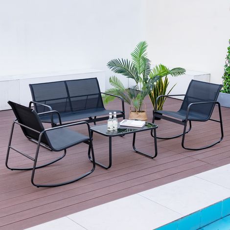 4 Pcs Salon de Jardin en Métal+Textilène Ensemble Chaises à Bascule et Table en Verre Trempé 4 Personnes Piscine Balcon Noir (1/2)