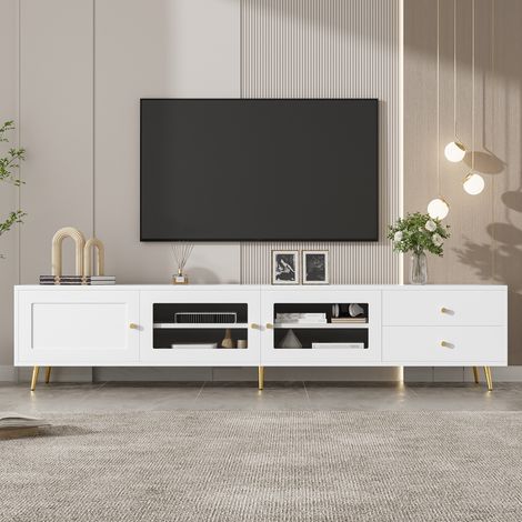 Meuble TV bas moderne 170x40x28 cm avec 2 tiroirs, 2 portes vitrées, 1 porte pleine, étagères réglables et poignées en métal, blanc pour salon (1/5)