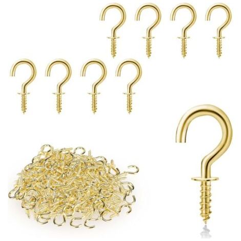 Lot de 100 petits crochets à vis, vis à œillet, mini vis pour bois, vis dans crochets, pour plantes suspendues, décorations artistiques, clés, décoration de Noël (doré) (1/4)