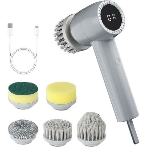 Brosse de nettoyage électrique 5 en 1 avec écran LED, 5 brosses et 2 vitesses pour la cuisine et le carrelage – Grise (1/5)