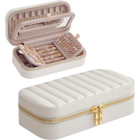 Joyero de viaje, pequeño cofre para accesorios con espejo, 10,5 x 20,5 x 6 cm, superficie de PU con costuras, portátil, con cremallera, ideal para regalo, color blanco nube. (1/5)