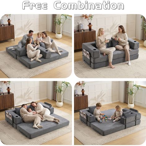 Canapé Sol, Canapé Compressé, Sofa Convertible au Sol avec Coussin et Accoudoir, Lit d'Appoint Confortable avec Porte-Gobelet et Poche Latérale, Tissu Velours Côtelé, Gris Foncé, Salon et Chambre (1/5)