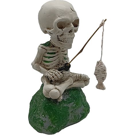 Figura decorativa 3D de estilo gótico, figura de pescador con calavera hecha de resina con caña de pescar extraíble 1 para fuente/estanque de jardín.