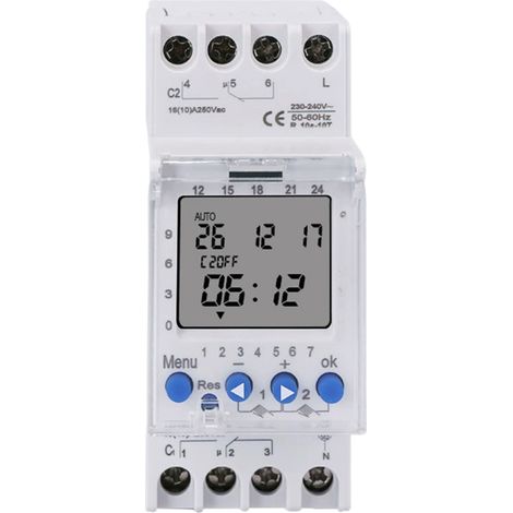 Temporizador programable de 2 canales TM612, 230 V 16 A, programación semanal, montaje en carril DIN.