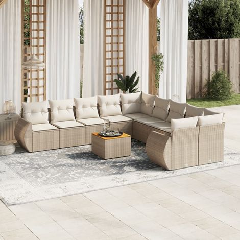Set de Salon Jardin Modulable 11 Pièces en Résine Tressée Beige avec Coussins Gris, Table en Acacia (1/5)