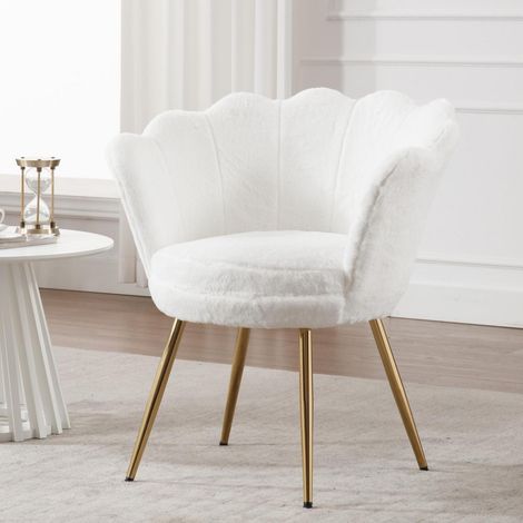 Schminktischstuhl Muschel Sessel Teddystoff mit goldenen Beinen Weiß (1/5)
