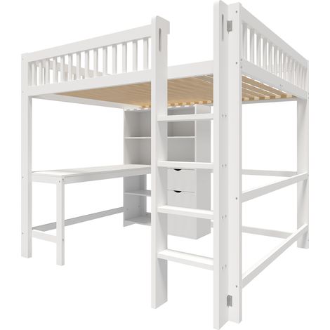 Cama alta 140x200 cm con escritorio, almacenaje, 3 cajones y escalera, blanco (1/5)