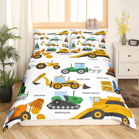 Dessin animé Construction Housse de Couette Pelle Parure Lit 140x200cm pour Enfants Garçons Tracteur à Chenilles Véhicules Camion Voiture avec 1 taie d'oreiller Multicolore (1/5)