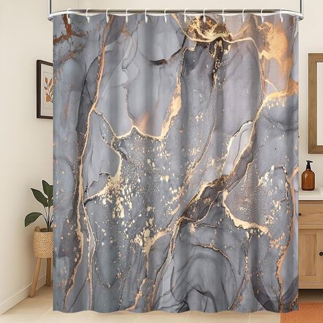 Rideau de Douche en marbre Rideau de Douche Abstrait Moderne en marbre Gris et Or Gris Textile éclaboussé d'or Rideau de Douche Tissu imperméable et Lavable en Machine 150x180cm