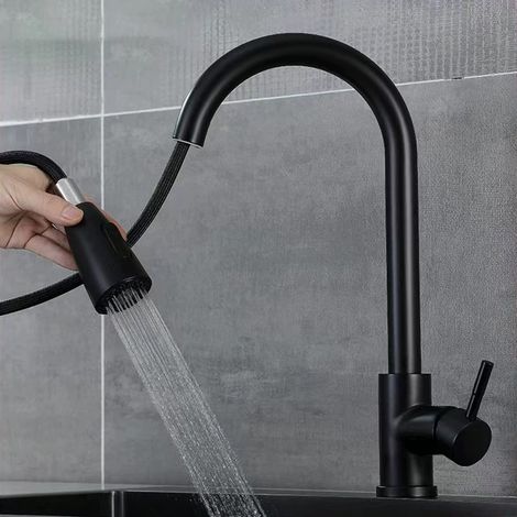 Robinet de cuisine (noir), purificateur d'eau, acier inoxydable et bois d'érable (type antibactérien et anticalcaire) (1/5)