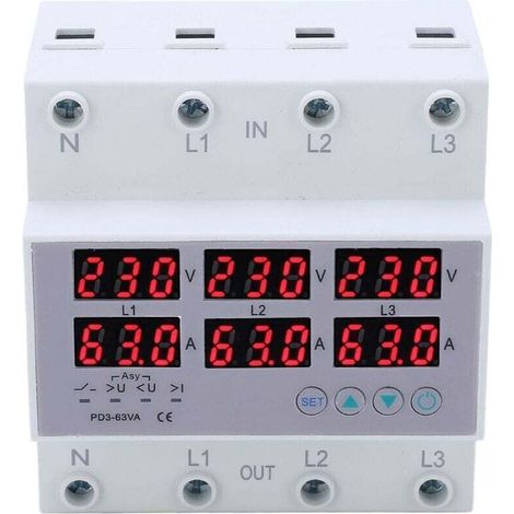 DIN-Schienen-Drehstrom-Voltmeter und -Amperemeter mit automatischem Überstrom- und Überspannungsschutz, Wechselstrom 390–500 V, 63 A