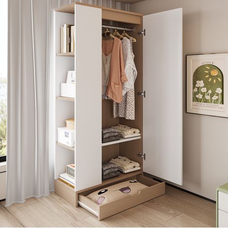 Armoire 70x40x170 cm blanc et bois naturel en bois avec étagères et tiroirs (1/5)