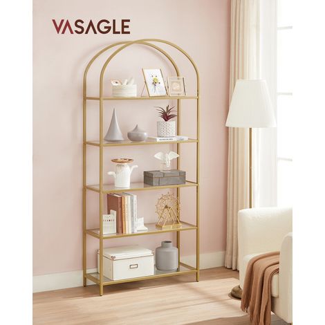 Étagère de rangement à 5 étagères VASAGLE - En verre trempé - Bibliothèque - Avec dessus arqué - Cadre en acier robuste - Pour salon, chambre, bureau - Doré