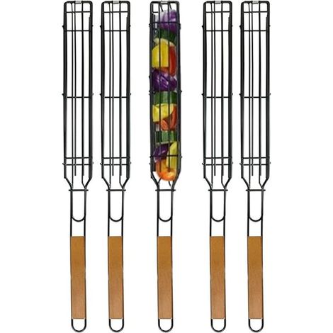 Panier à Griller Paniers à Brochettes Simples Antiadhésifs Barbecue à Poignée en Bois Anti-Corrosion pour Poisson Rôti Légumes Crevettes Fruits De Mer 5 pièces