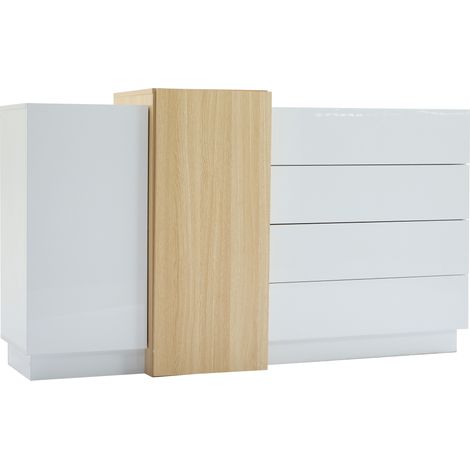 Aparador blanco brillante con 4 cajones y 2 puertas, estructura de MDF, diseño moderno sin tiradores (1/5)