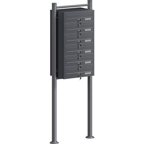 Wiltec 6er Briefkastenanlage Anthrazit 556 x 270 x 1500 mm, Standbriefkasten mit 6 Fächern, Schlüssel und Namensschild, Briefkasten Postkasten mit Ständer