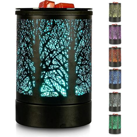 Lampe chauffante électrique à cire fondue LED – Design métal noir avec motif arbre – 7 couleurs changeantes – Éléments chauffants PTC (1/5)