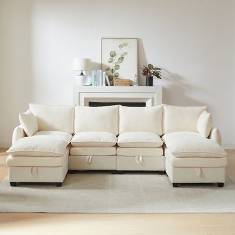 Canapé en forme de U avec espace de rangement, ensemble modulaire composé de quatre éléments d'assise et de deux poufs canapé moderne accompagné de coussins et de traversins, revêtement en chenille, (1/5)