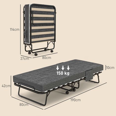 Lit pliant, matelas, 4 roues, cadre en métal, jusqu'à 150 kg, 190 x 80 x 42 cm, gris foncé (1/5)