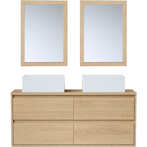 Meuble de salle de bain suspendu avec double vasque à poser et miroir - Placage chêne - 120 cm - MILIPAM (1/5)
