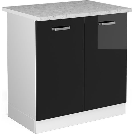 Spülenunterschrank R-Line, Schwarz Hochglanz, 80 cm mit Türen, mit Arbeitsplatte, Vicco