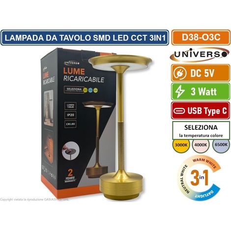 UNIVERSO D38-O3C LAMPADA DA TAVOLO 3W PORTABILE CON RICARICA USB CCT SELEZIONE COLORE LUCE (1/5)