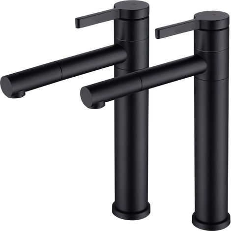 Zwei schwarze Badezimmerarmaturen mit hohem Auslauf, 360° drehbarer Waschtischmischer, Waschtischmischer aus Edelstahl im modernen Design.