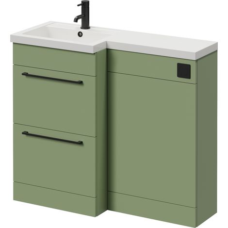 Napoli 390 Olive Green 1000mm 2 Drawer Vanity Unit Toilet Suite with Left Hand Square Lucia Basin - 1000mm - Matt Black 320mm HandleWithout Kingston Toilet Pan