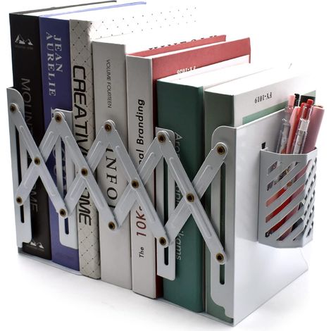 Serre-livres réglables, supports de livres pour étagères, organiseur de bureau pour magazines, livres et documents, extensible jusqu'à 48 cm. Revêtement anti-rayures. (1/5)