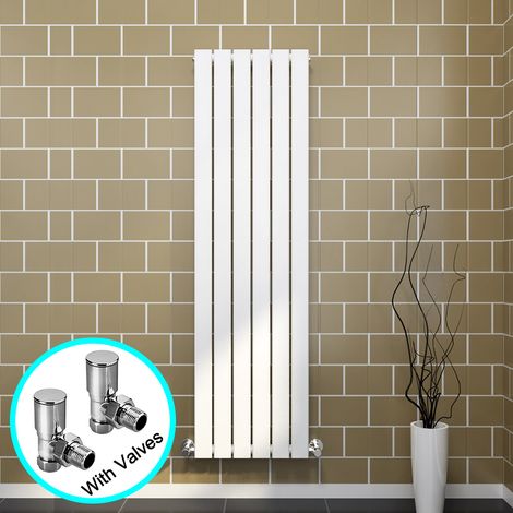 ELEGANT 1600 x 452 mm High Heat Output White Vertical Rads Single Flat Panel Radiator Designer Column Radiator + Angled Radiator Valves (1/5)