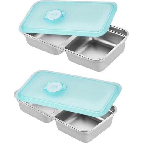 Lot de 2 boîtes à goûter réutilisables, en acier inoxydable à double compartiment, étanches et hermétiques. (1/5)