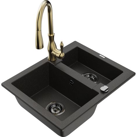 Mexen Carlos 1,5-Komponenten Granitspüle mit Küchenarmatur Savita, schwarz/gold metallic - 6518-75-672601-50-B (1/5)