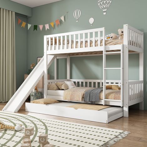 Letto a castello 90x200 cm bianco in pino e MDF con scivolo e letto estraibile (1/5)