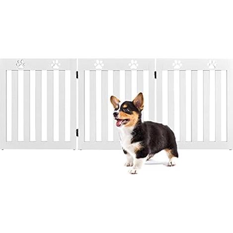 GOPLUS Barrière de Protection pour Chien Pliable, Grille de Sécurité Pivotante par Charnière à 360 °Barrière de Sécurité pour Animaux Domestiques d’Hauteur de 60cm (151x60cm, Blanc)