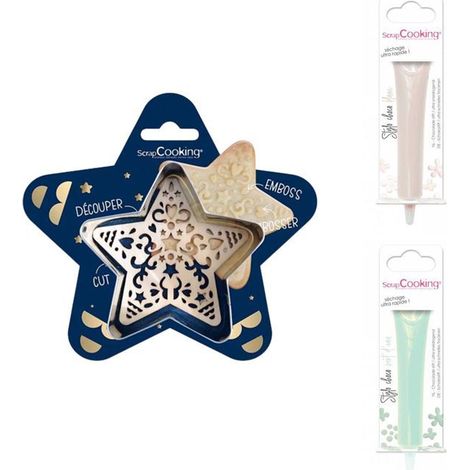 Kit pour biscuit en relief Étoile + 2 Stylos au chocolat blanc et vert d'eau (1/2)