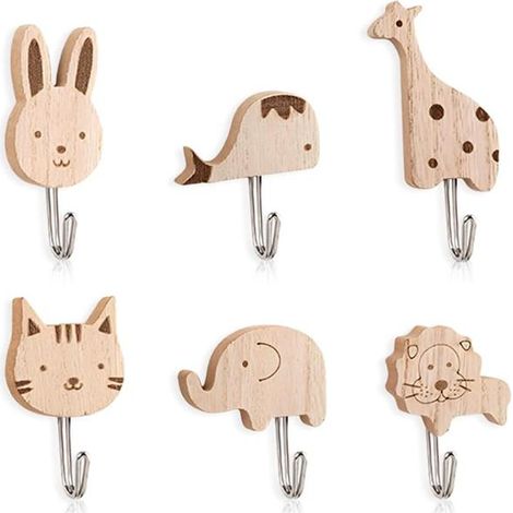 Ensemble de 6 porte-manteaux muraux pour enfants, crochets muraux en bois à motifs animaux, crochets de salle de bain autocollants, crochets adhésifs, crochets de cuisine autocollants (1/5)