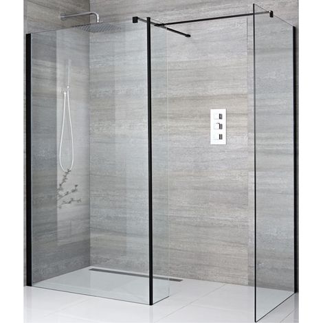 Milano Nero Black Corner Walk In Wet Room Shower Enclosure with Two 700mm Screens  Return Panel and Support Arms - No Shower Drain (1/3)