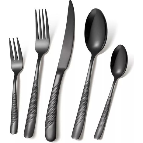 Set De Couverts En Acier Inoxydable - Finition Mate Noire - 30 Pièces - Pour Repas Familiaux Et Occasions Spéciales (1/5)