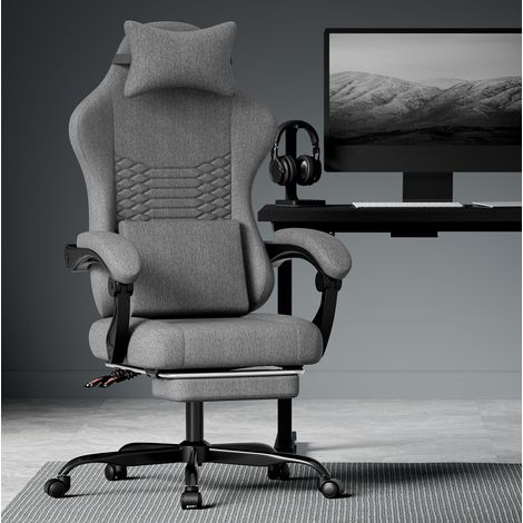Silla de oficina gaming de tela, ergonómica, reclinable, con reposapiés, gris oscuro HAVRYA (1/4)