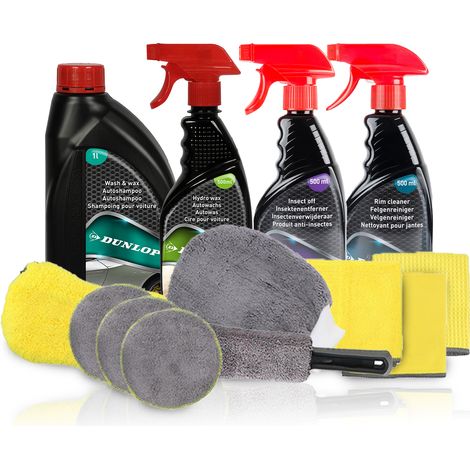 Pack Rénovation Carrosserie DUNLOP - Shampooing Cirage 1L, Hydro Wax, Nettoyant Jantes, Insectes et Kit Microfibre (1/4)