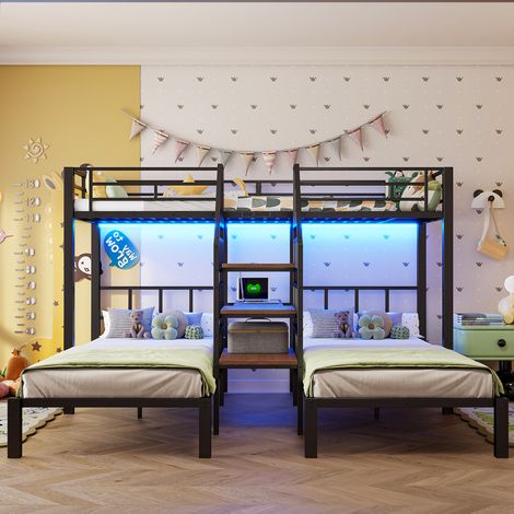 Lit superposé 90x200 cm avec 3 lits - avec bande LED - Structure métallique et MDF - Noir (1/4)