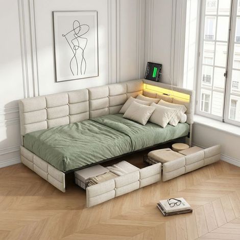 POCKETPOP Lit 90x200 Stoff Leinen Beige - Gepolsterter Kopfteil mit LED und USB & Steckdose - 2 Aufbewahrungsschubladen