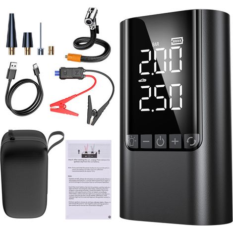 Démarreur de voiture avec pompe à air, batterie de secours 12V, gonfleur de pneus numérique pour voitures, motos, vélos et ballons, batterie externe portable, lampe LED 10 000 mAh, pinces intelligente (1/5)