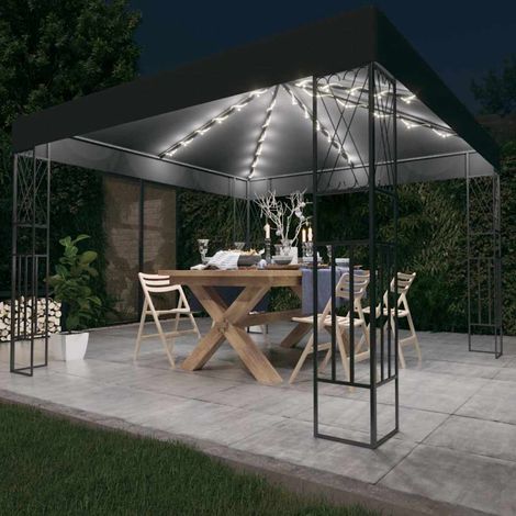 vidaXL Cenador con tira de luces LED 3x3 m tela gris antracita (1/4)