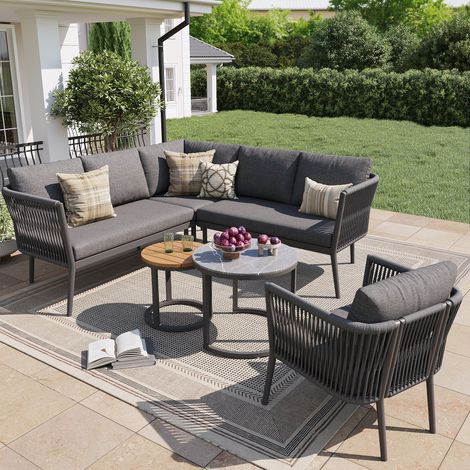 6-Sitzer Gartenmöbel aus Metall und Olefinen mit 2 Tischen, 3 Sofas, Sessel und festen dicken Kissen, Grau