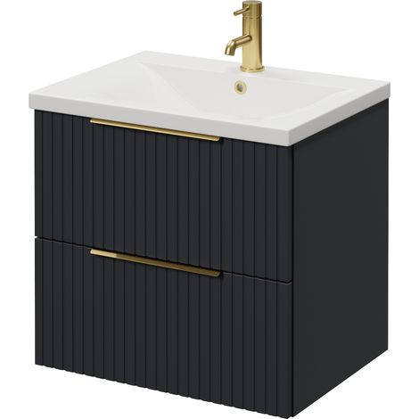 Helix 460 Fluted Satin Anthracite 600mm Wall Mounted 2 Drawer Vanity Unit with Glide Basin