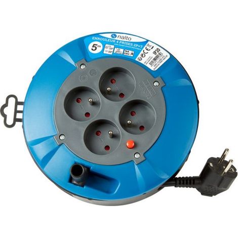Enrouleur électrique 5m 4 prises 2P+T – Disjoncteur thermique – IP20 – 16A max – 3200W déroulé – Pour chantiers humides – Nalto