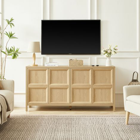 Buffet meuble de rangement style scandinave ton chêne clair 160x40x80 cm, portes à ouverture tip-on, charnières amorties, fixation anti-basculement pour salon et chambre (1/5)